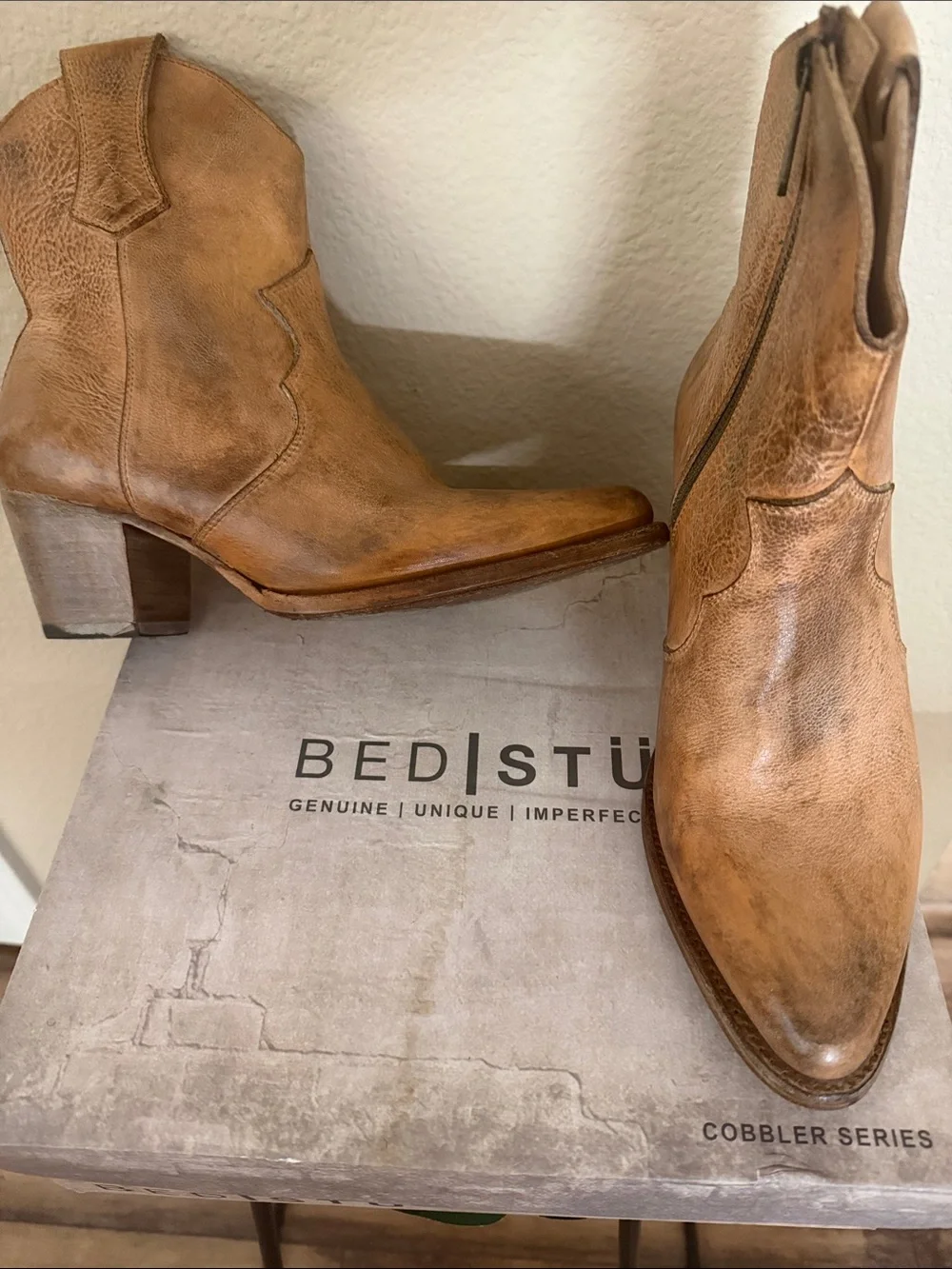 BED|STU Tan Leather Western Ankle Boots